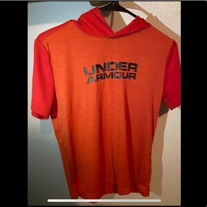 Orange short sleeve Under Armor hoodie.